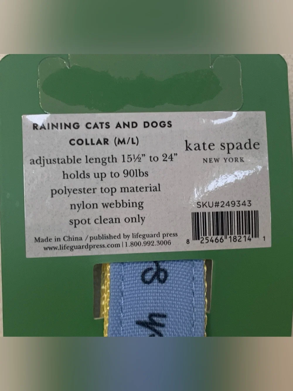 Kate Spade Blue & Yellow Pet Collar with Gold Hardware M/L Raining Cat and Dogs